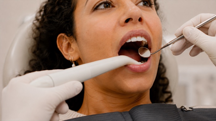 Examen dentaire de près au miroir buccal chez Clear Smile