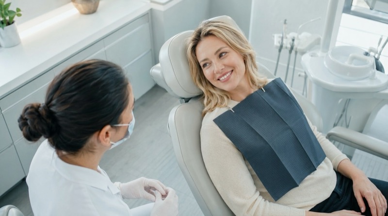 Patiente souriante en consultation dentaire au cabinet Clear Smile à Nyon