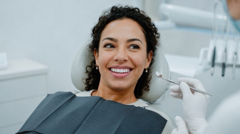 Patiente souriante lors d'un contrôle dentaire au cabinet Clear Smile à Nyon