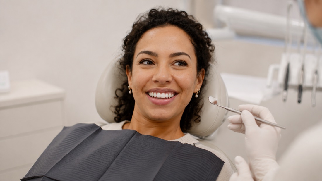 Patiente souriante lors d'un contrôle dentaire au cabinet Clear Smile à Nyon