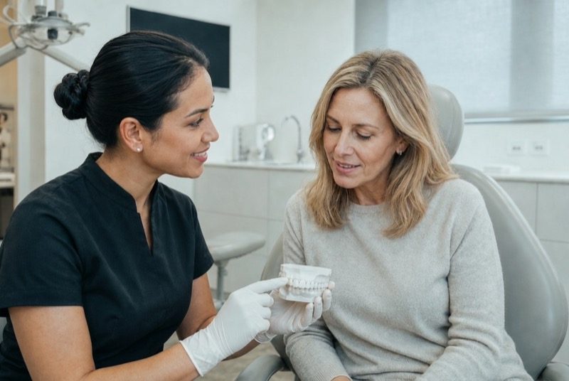 Consultation facettes dentaires avec modèle anatomique au cabinet Clear Smile