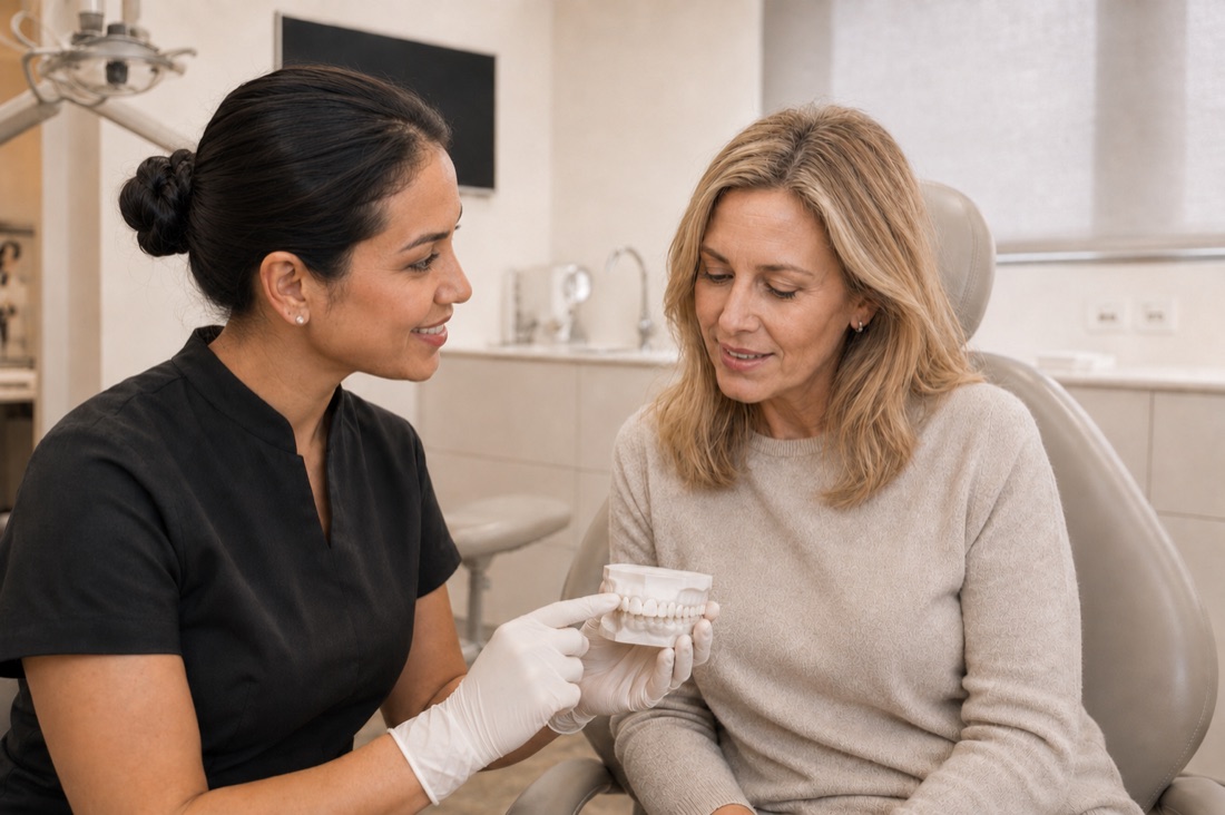 Consultation facettes dentaires avec modèle anatomique au cabinet Clear Smile