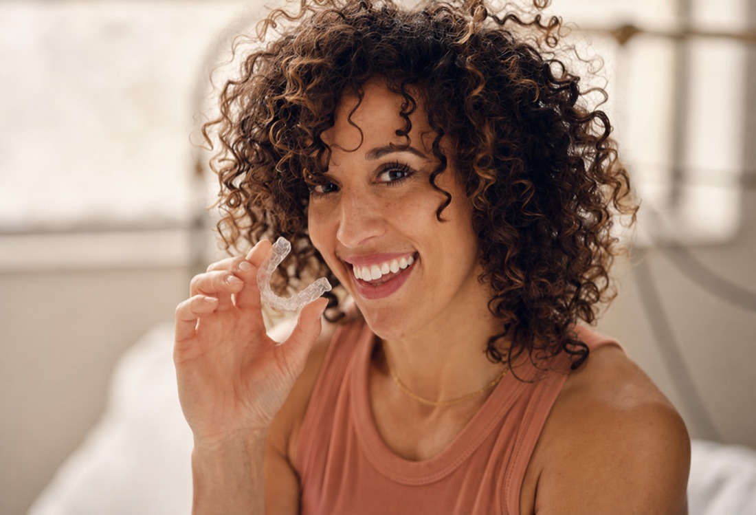 Patiente souriante tenant sa gouttière orthodontique transparente