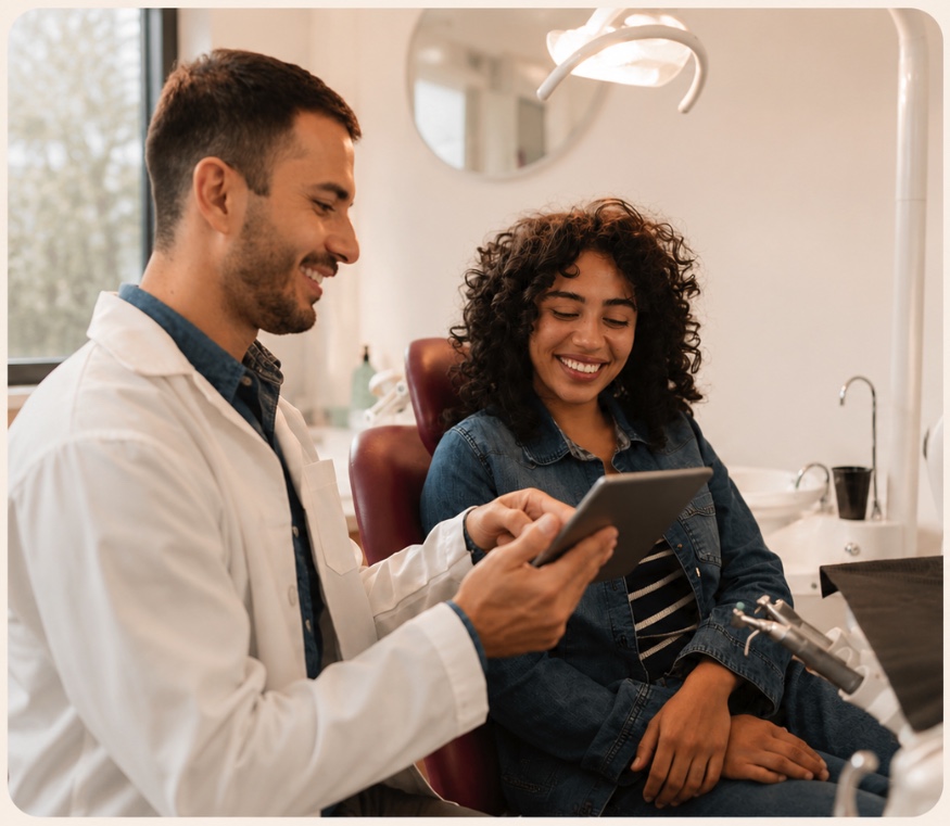 Dentiste Clear Smile expliquant un plan de traitement à une patiente sur tablette